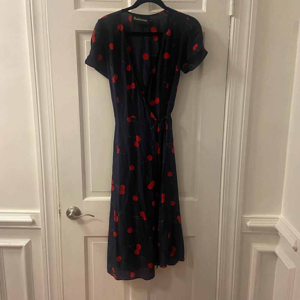 Realisation par red navy Cherry Print Wrap Dress small